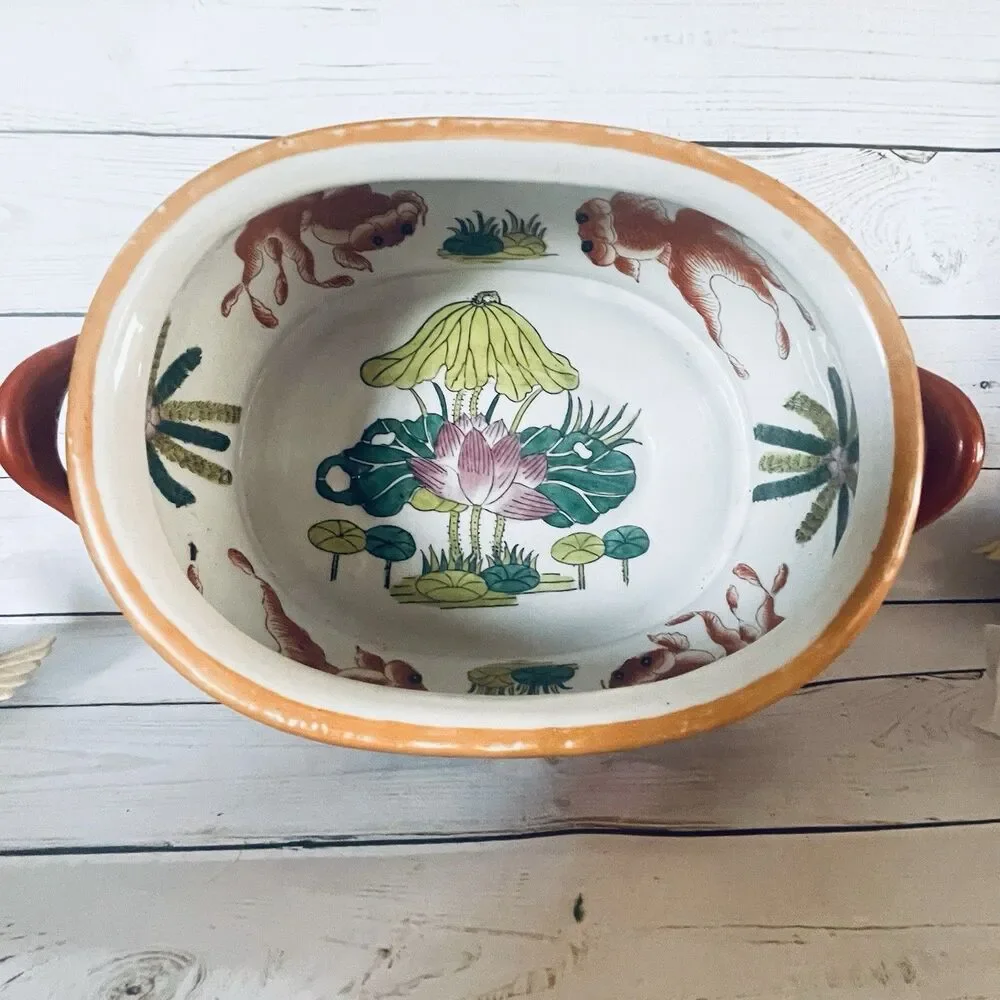 Vintage Oval Handled Imari Style Jardiniere Decorative Interior Fish & Lotus 13”